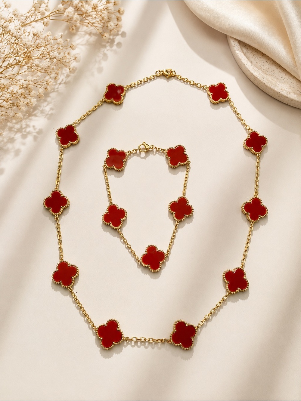 ❤️ Red Clover 10 Station Necklace & 5 Motif Bracelet Set | Gold Tone